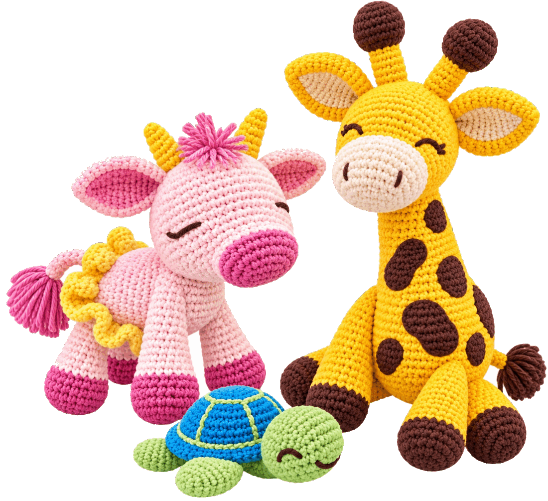Samantha's handcrafted giraffe, pony, and turtle crochet collection